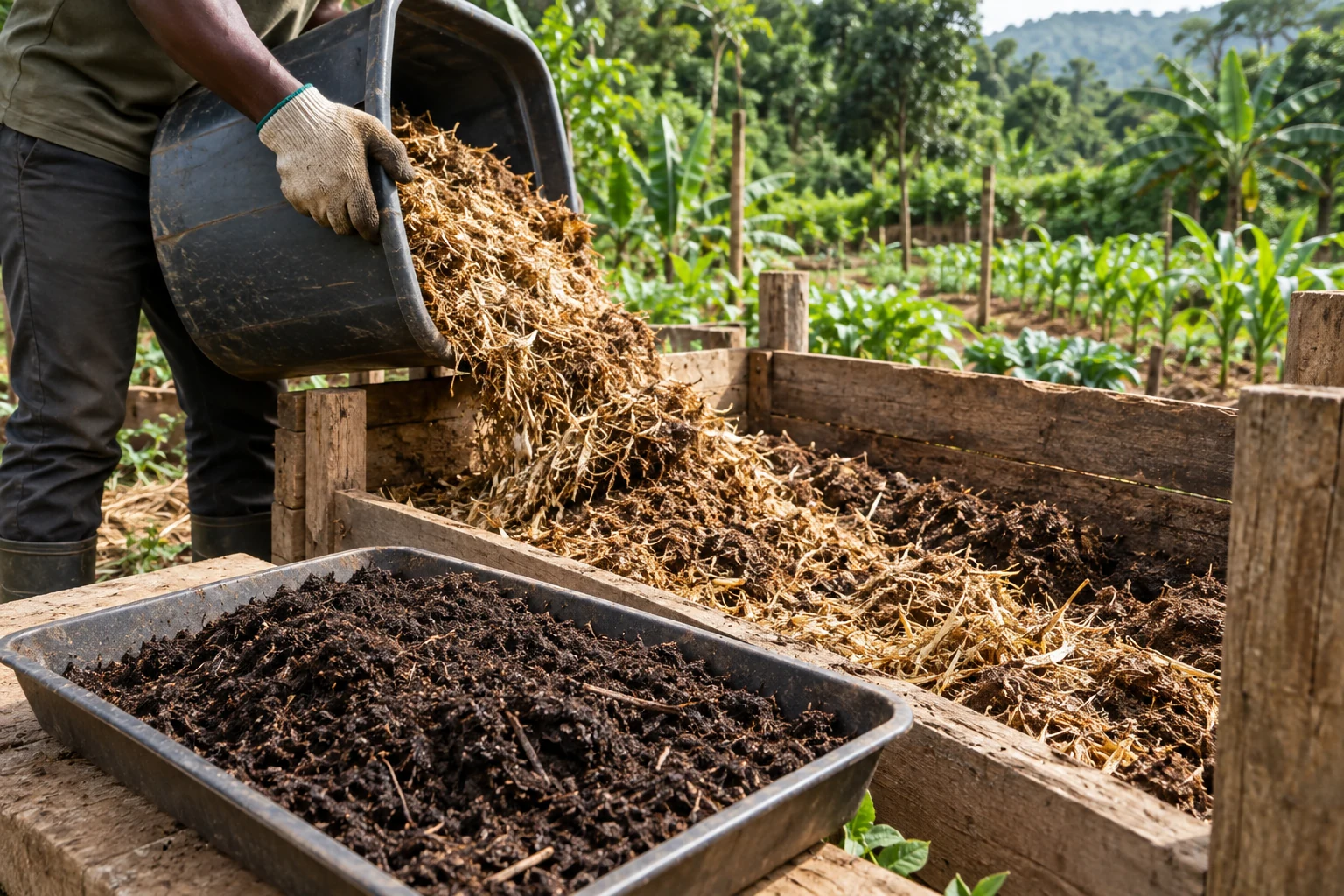 Spent straw-like mushroom substrate being added to a separate outdoor compost bay.
