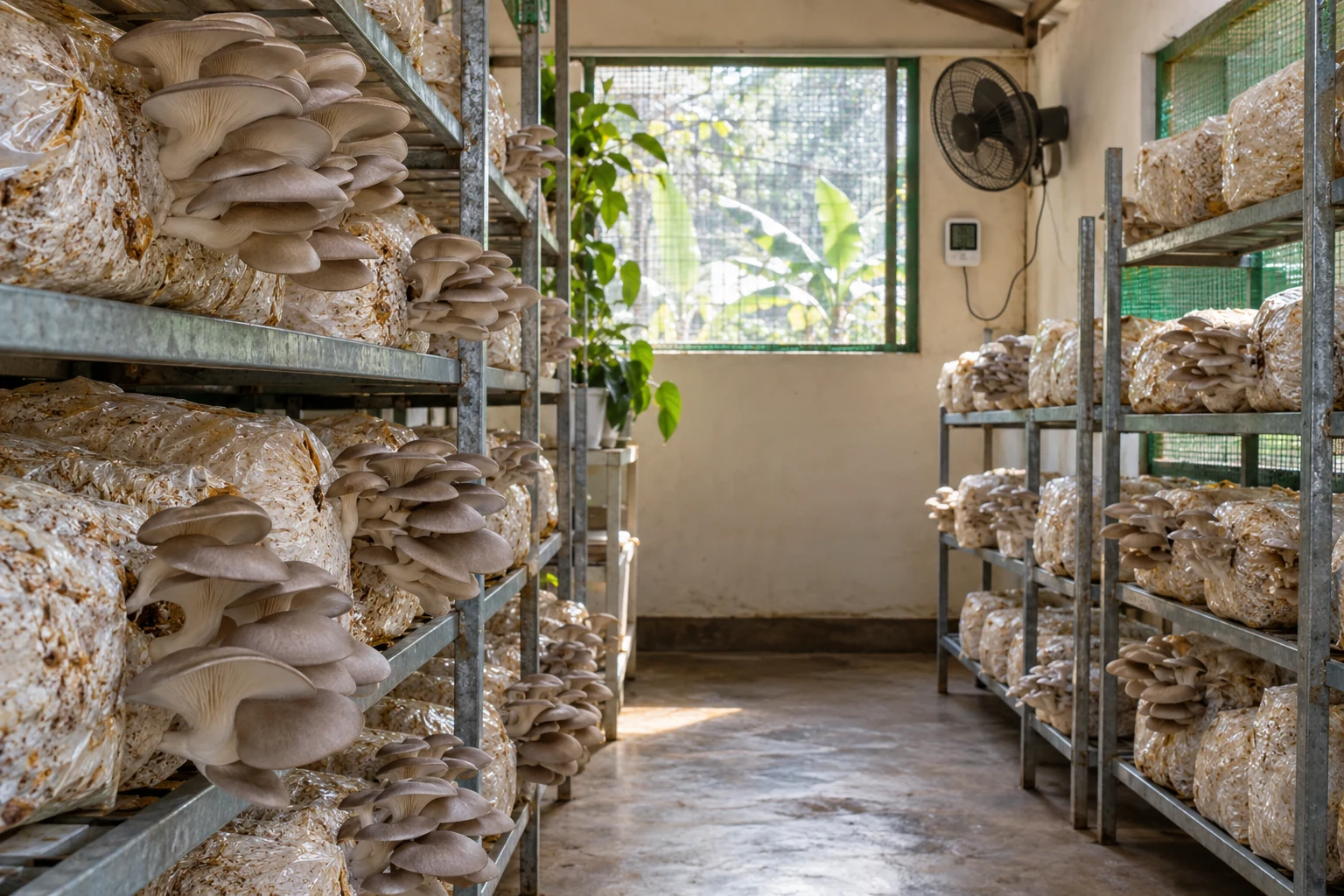 Oyster mushroom bags on racks beside screened ventilation and a climate sensor.