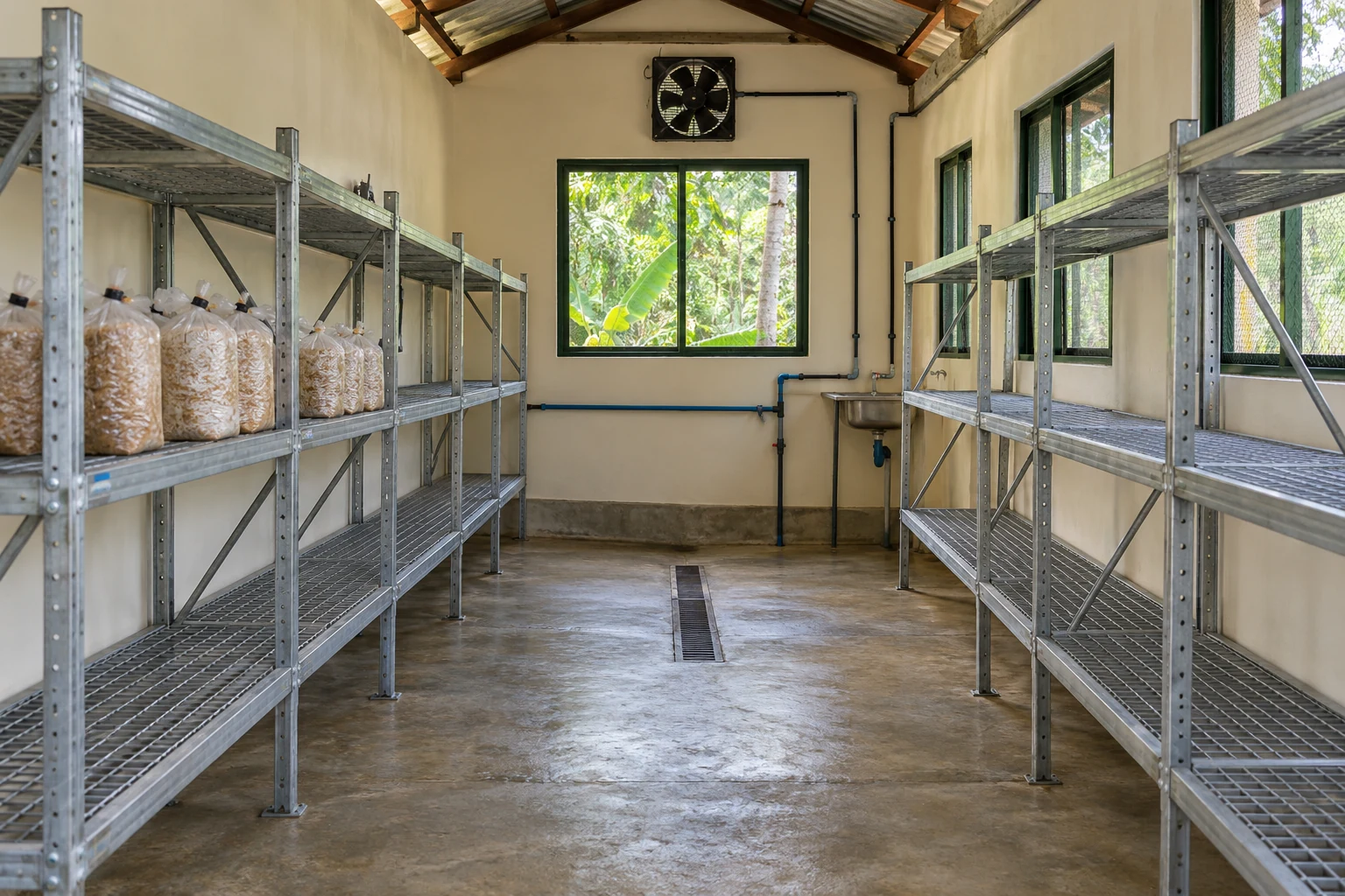 A modest mushroom room with braced metal shelving, a central aisle and screened windows.