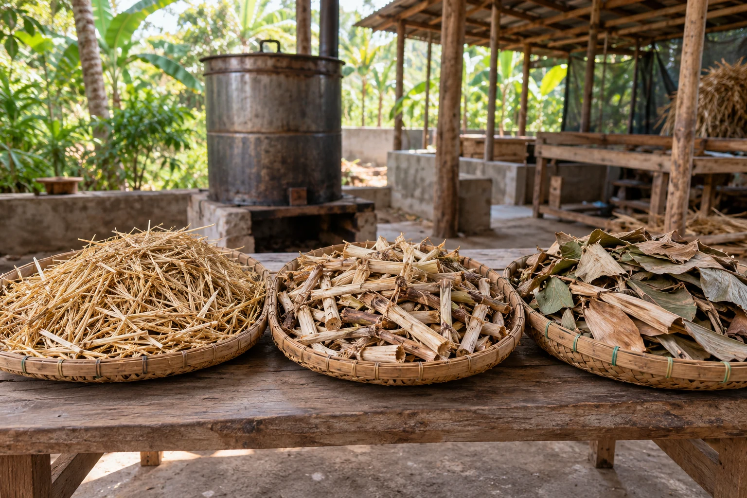 Dry straw, chopped stalks and dried leaves sorted in separate baskets.